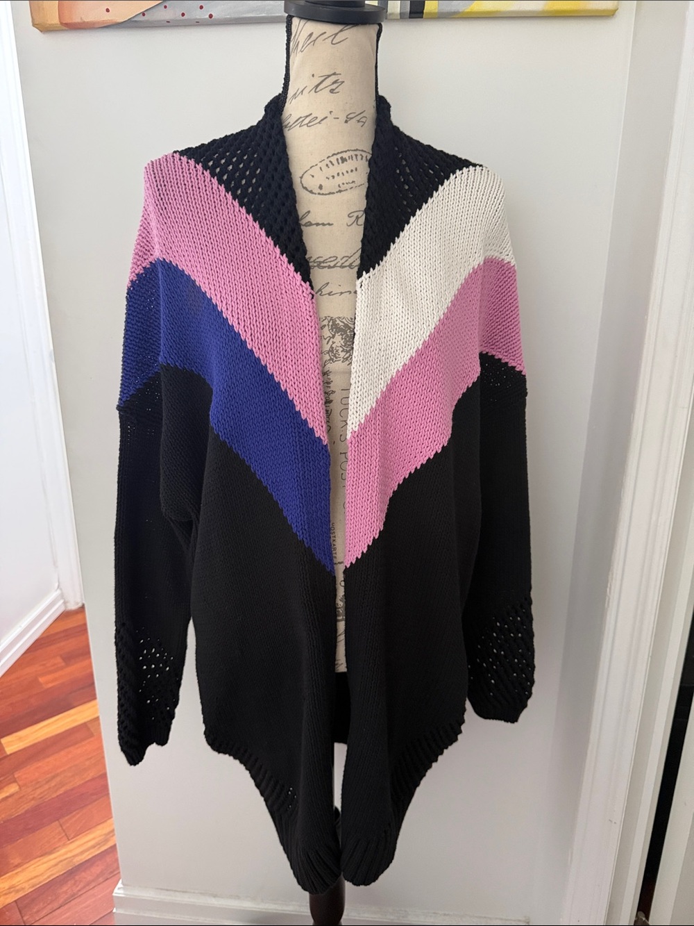 Maje Colorblock Open-Front Cardigan in Black, Pink, Blue, Cream